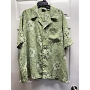 Island Shores Mens Size Large Green Hawaiian Floral Button Up Short Sleeve Shirt